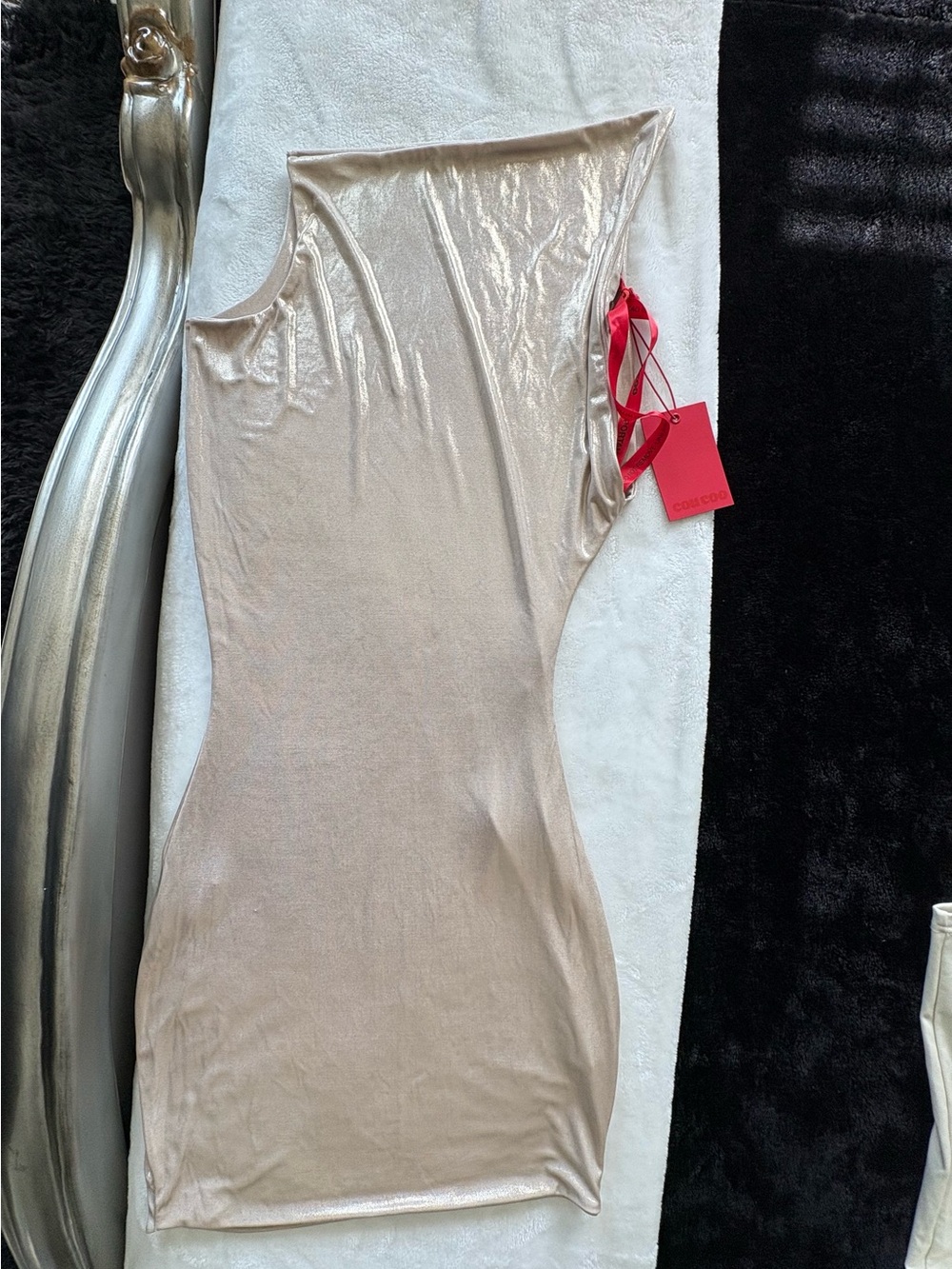 One-Shoulder Metallic Cream Bodycon Dress